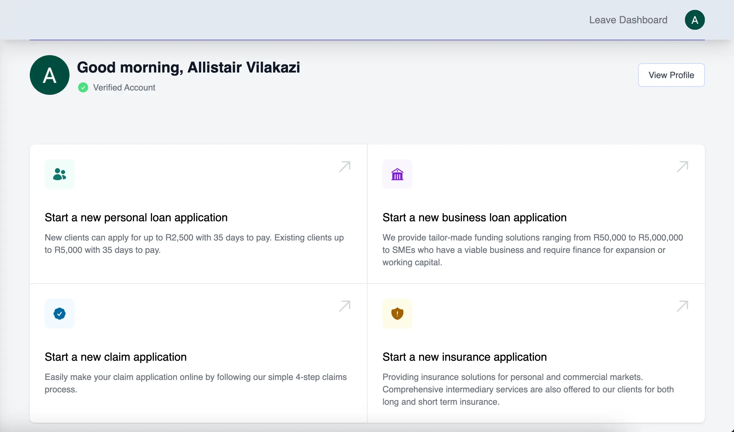 MyMicroFinance App's dashboard UI for applicants
